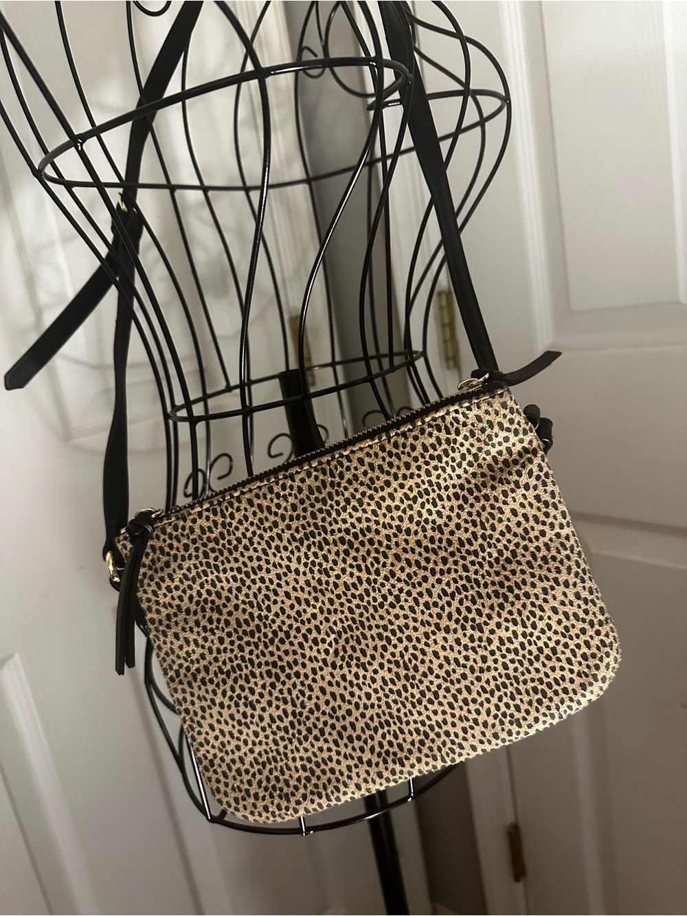 Leopard Print Crossbody Bag - Black & Cream. Double pocket
